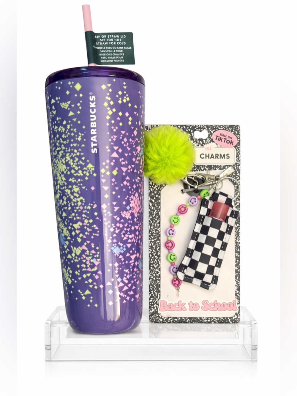 Starbucks Purple Tumbler & Neon Green Pom Charm, lip balm & 😊 charm or keychain